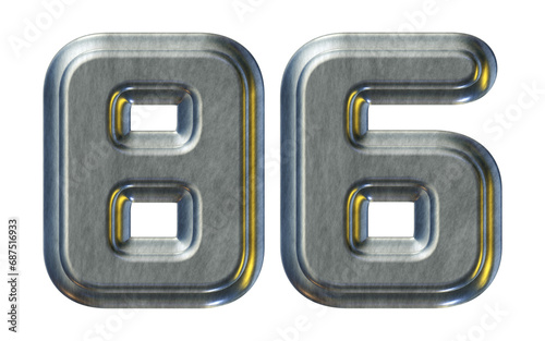 Number 86 with silver metallic style isolated on transparent background for education concept