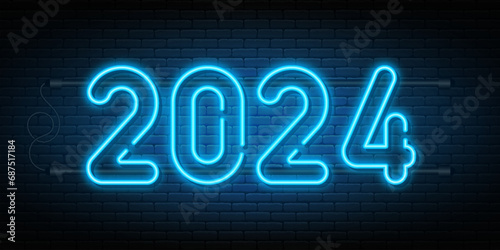 2024 neon signboard. Glowing numbers 2024, neon light effect for background, web banner, poster and greeting card. Merry Christmas and Happy New Year concept. Vector