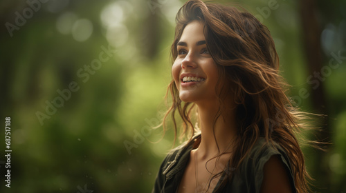 Portrait of young european fashionable female model, shot from the side, smiling, looking to the side, vibrant mystical forest scene background