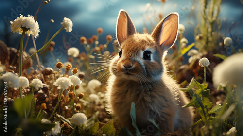 Bunny in grass, daisy coronet, spring and easter. generative ai