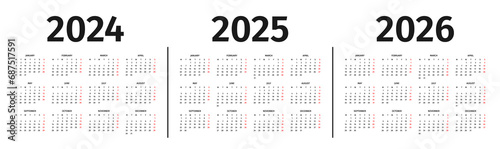 Calendar for 2024, 2025 and 2026 year. Calendar template, layout in black and white colors. Annual 2024, 2025 and 2026 calendar mockup on white background. Week starts on Monday. Vector