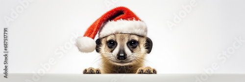 Closeup portrait of adorable meerkat pup with christmas hat isolated on white background. Ideal as web banner or in social media, copy space for text photo