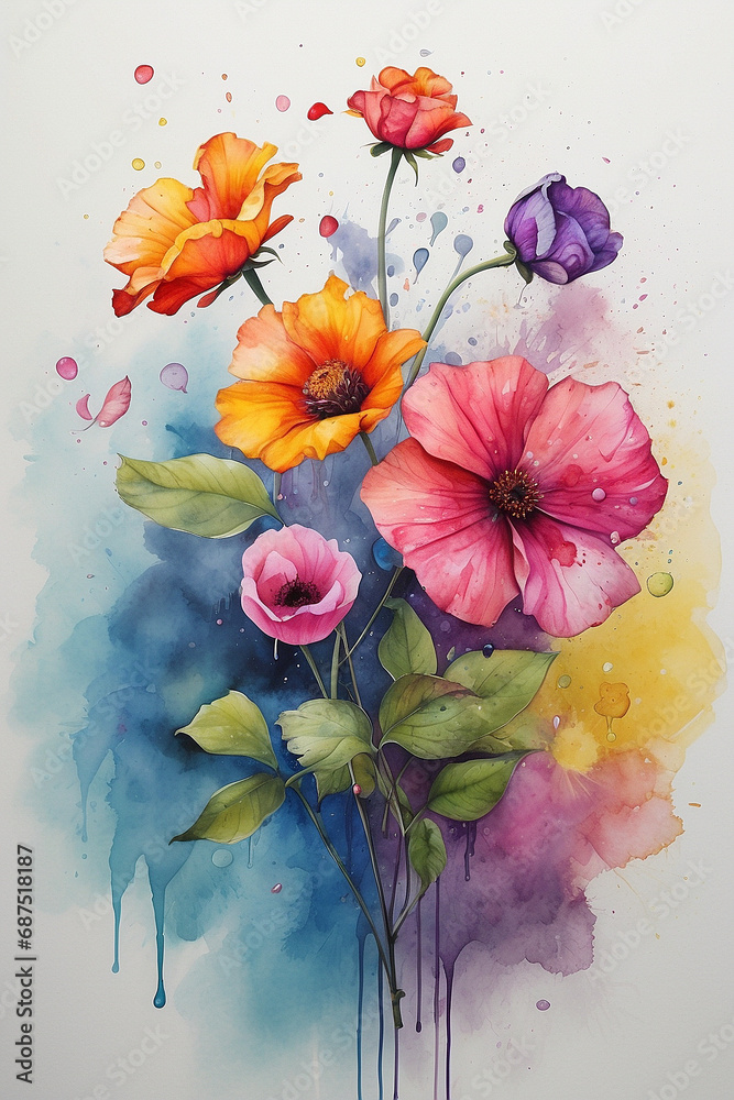 watercolor painting illustration of colorful flowers, Botanical illustration for cards, wedding design