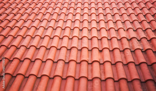 Spanish Tiles for roof. Red roof tiles on house as background image. Shingles roofing surface tiles overlay pattern