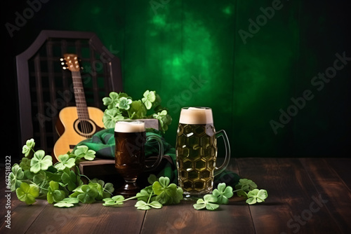 Two pitchers of beer and decorative clover leaves with a guitar in the background. Concept for St. Patrick s Day celebration.