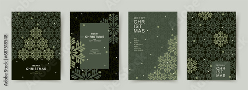 Christmas cards in minimalist geometric Scandinavian style. Xmas backgrounds with snowflake patterns. Holiday templates for banner, invitation, poster, advertising, social media. Vector illustration