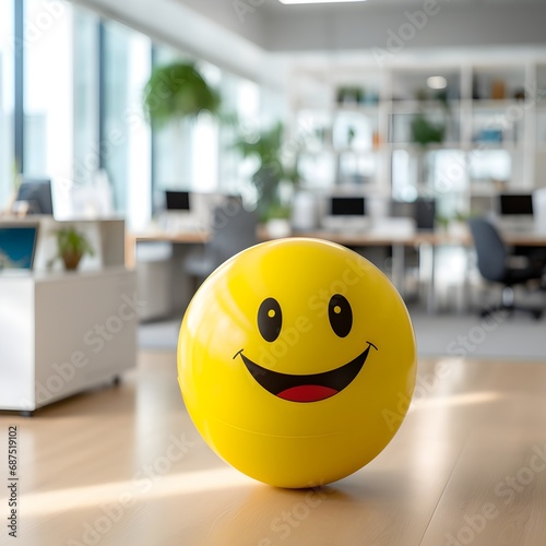 Yellow smiley face ball in a office, work force team work concept, happy working environment 
