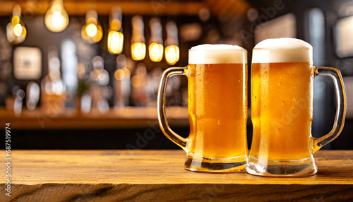 Deux chopes de bière blonde, très fraiches sur un arrière-plan de bar photo