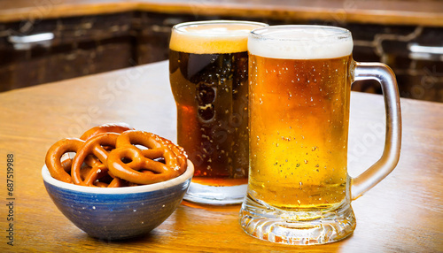 Une chope de bière brune, une chope de bière blonde, très fraiches sur un comptoir de pub avec un bol de bretzels photo