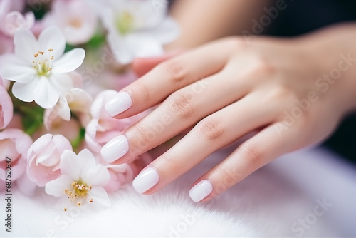 Woman hand with white nail polish on her fingernails. White color nail manicure with gel polish at luxury beauty salon. Nail art and design. Female hand model. French manicure. Hand spa. Generative AI