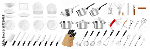 Kitchenware and tableware, Kitchen utensils, tools, equipment and cutlery for cooking. Plates, pots, pans, ladle, skimmer, forks, spoons. Corkscrews, colander, knives saucepans. Realistic 3d vector