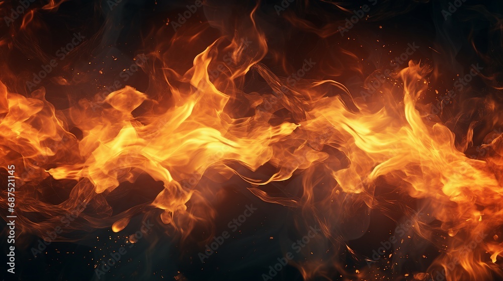 Intense Realistic Fire Flame on Black Background - Dramatic Burning Ember with Dynamic Sparks, Perfect for Explosive Energy Concepts and Fiery Designs.