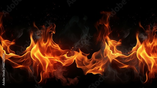 Intense Realistic Fire Flame on Black Background - Dramatic Burning Ember with Dynamic Sparks, Perfect for Explosive Energy Concepts and Fiery Designs. © Sunanta
