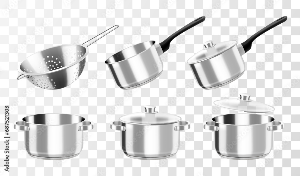 Kitchenware, vector cooking set. Cookware pots or saucepan, and stew pan with lids, ladle and metallic colander for cooking. Isolated on transparent background. Realistic 3d vector illustration - obrazy, fototapety, plakaty 