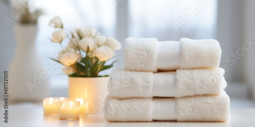 White clean towels in the bathroom close-up