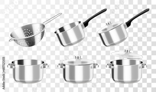 Kitchenware, vector cooking set. Cookware pots or saucepan, and stew pan with lids, ladle and metallic colander for cooking. Isolated on transparent background. Realistic 3d vector illustration photo