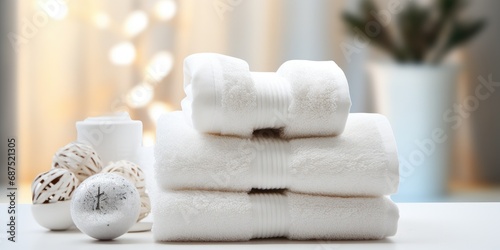 White clean towels in the bathroom close-up. Generative AI