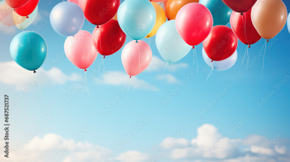 Colorful Balloons Floating in the Blue Sky - A Whimsical Display of Joy and Celebration. Colorful Balloons Floating in the Blue Sky - A Whimsical Display of Joy and Celebration.