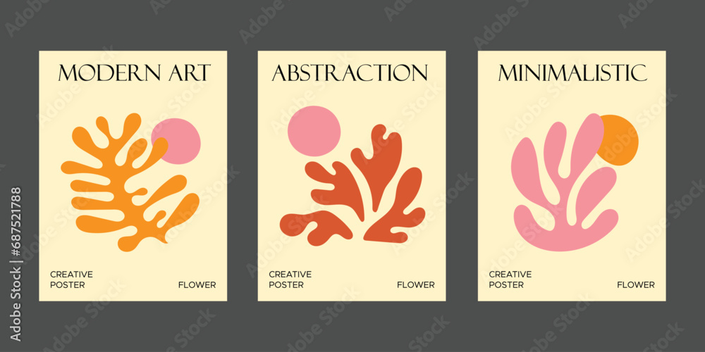 Abstract flower posters. Organic doodle shapes Matisse style, naive art, contemporary backgrounds. Botanic vector illustration. Trendy blossom print template, naive art. Hand drawn floral elements
