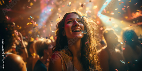 Club Party People Groove on the Dance Floor - Bathed in Vibrant Rays of Colorful Light.