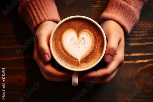 Female Hands Cradle a Cup of Velvety Latte - A Cozy Moment of Warmth and Relaxation.