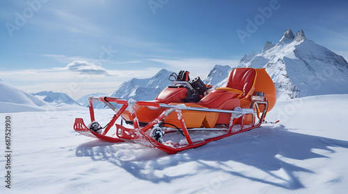 a creative made sledge in the middle of a winterlandscape in the alps. it was made for a event, where creativity on building a sledge is important to win photo