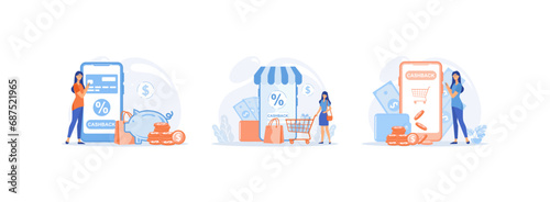 Cash back concept. Online cash back service. Banking system cash back on Internet. Cash back 2 set flat vector modern illustration 