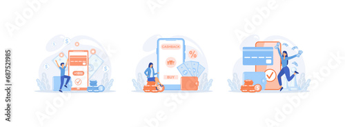 Discount earn point and gift, paying online and receiving bonus, loyalty program. Cash back 2 set flat vector modern illustration 