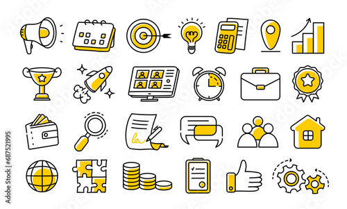 Business and marketing hand drawn outline icons set. Vector icons.
