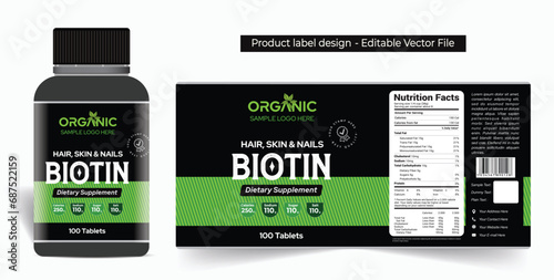 Biotin supplement label design multivitamin capsule label packaging design food vitamin supplement tablets sticker, high quality print ready editable vector file photo