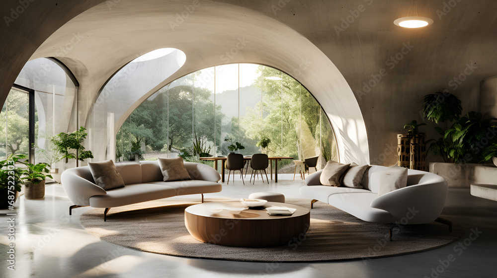 beautiful architectural home made of inflatable concrete. Large arched entrance ways. Polished concrete walls and floors - obrazy, fototapety, plakaty 