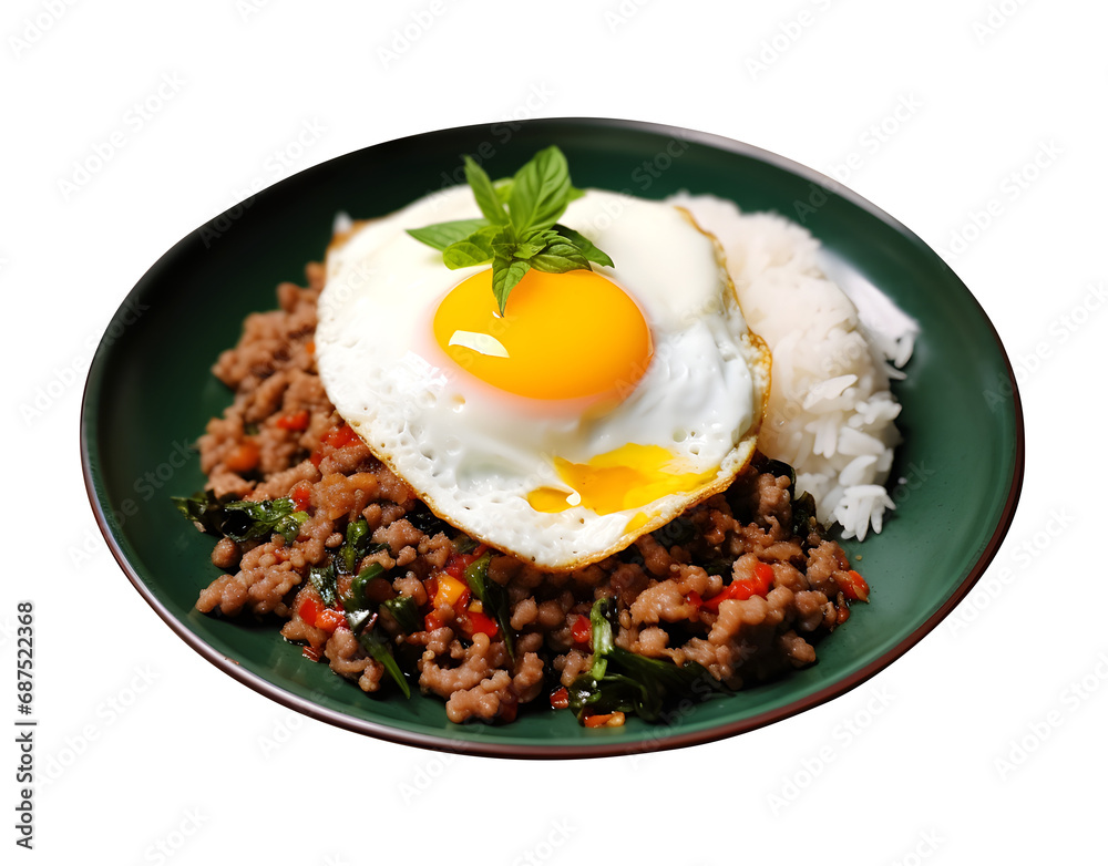 Holy basil rice and fried egg, Minced pork with basil, PNG file, isolated background. Holy basil rice and fried egg, Minced pork with basil, PNG file, isolated background.