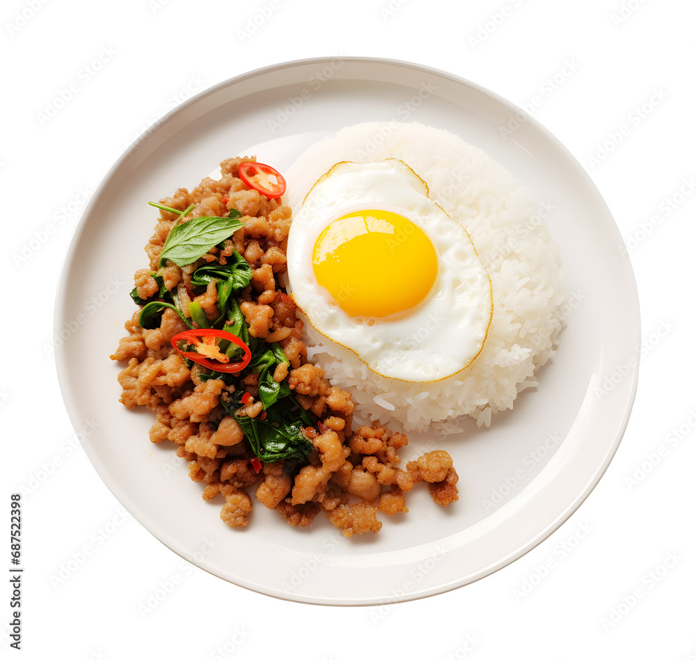 Holy basil rice and fried egg, Minced pork with basil, PNG file, isolated background. Holy basil rice and fried egg, Minced pork with basil, PNG file, isolated background.
