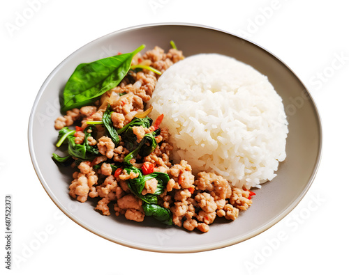 Holy basil rice and fried egg, Minced pork with basil, PNG file, isolated background.