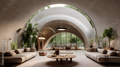 beautiful architectural home made of inflatable concrete. Large arched entrance ways. Polished concrete walls and floors