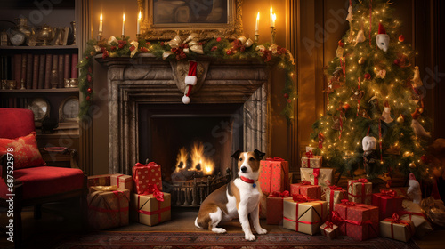 fox terrier sitting under Christmas tree watching Santa deliver presents in a Victorian room