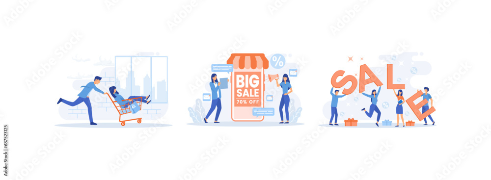 Big sale shopping, discounts for shoppers e-marketing, customers and shopping bags. Big sale set flat vector modern illustration 
