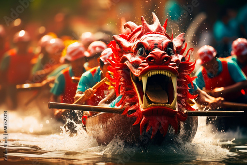 Dragon boat race, where teams paddle vigorously to the beat of drums, showcasing teamwork and courage photo