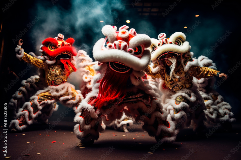 Traditional lion dance performance, showcasing the dancers' impressive acrobatics and intricate lion costumes