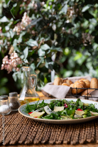 A beautiful healthy table amidst an ambiance of greenery and natural flowers. 