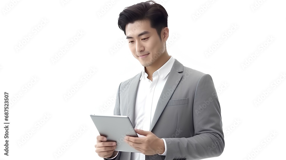Handsome korean entrepreneur with digital tablet while contemplating on white background. generative AI