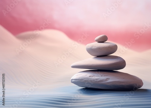 Spa still life in Zen culture style on white sand with pink color background.