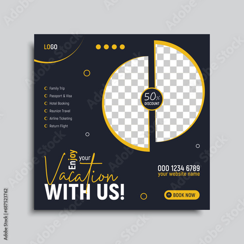 Travel social media post or modern square banner template, Tour tourism advertising poster banner design