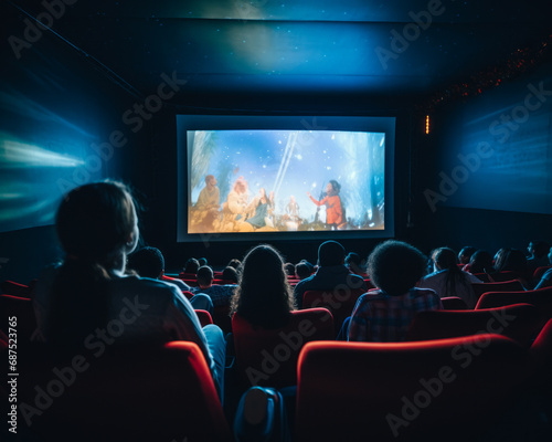 People in cinema watching projection of new movie. Night scene on large screen.