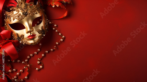 Festive Venetian carnival mask with gold decorations on red background
