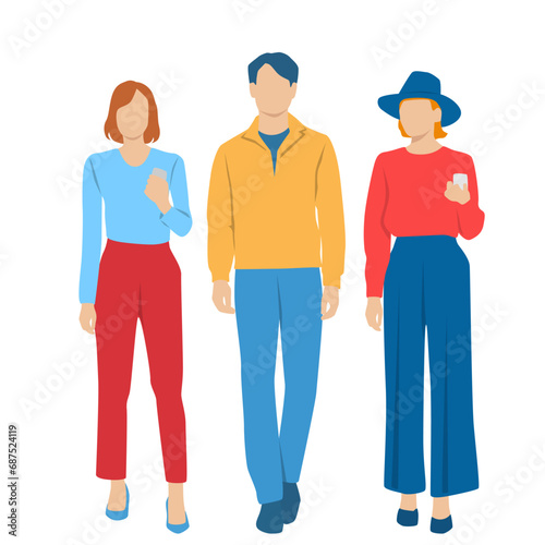  Set of young man and two women  different colors  cartoon character  group of silhouettes of standing business people  students  design concept of flat icon  isolated on white background