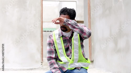 Depressed labor worker sitting on construction site worried about compensation or unemployment during economic financial crisis or low income high expenses, unability recover basic living stability