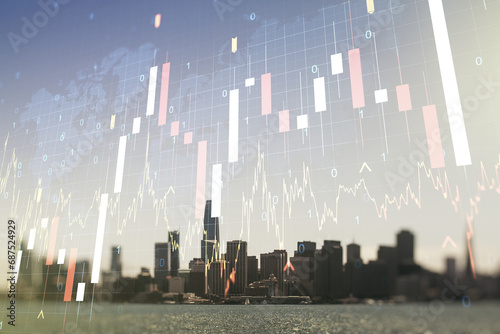 Multi exposure of virtual creative financial graph and world map on San Francisco city skyline background, forex and investment concept