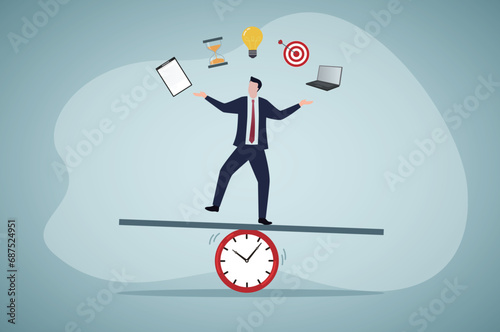 Project management process to manage and develop with resources to deliver quality product, agile development cycle, businessman project manager balance on clock juggling project management elements.