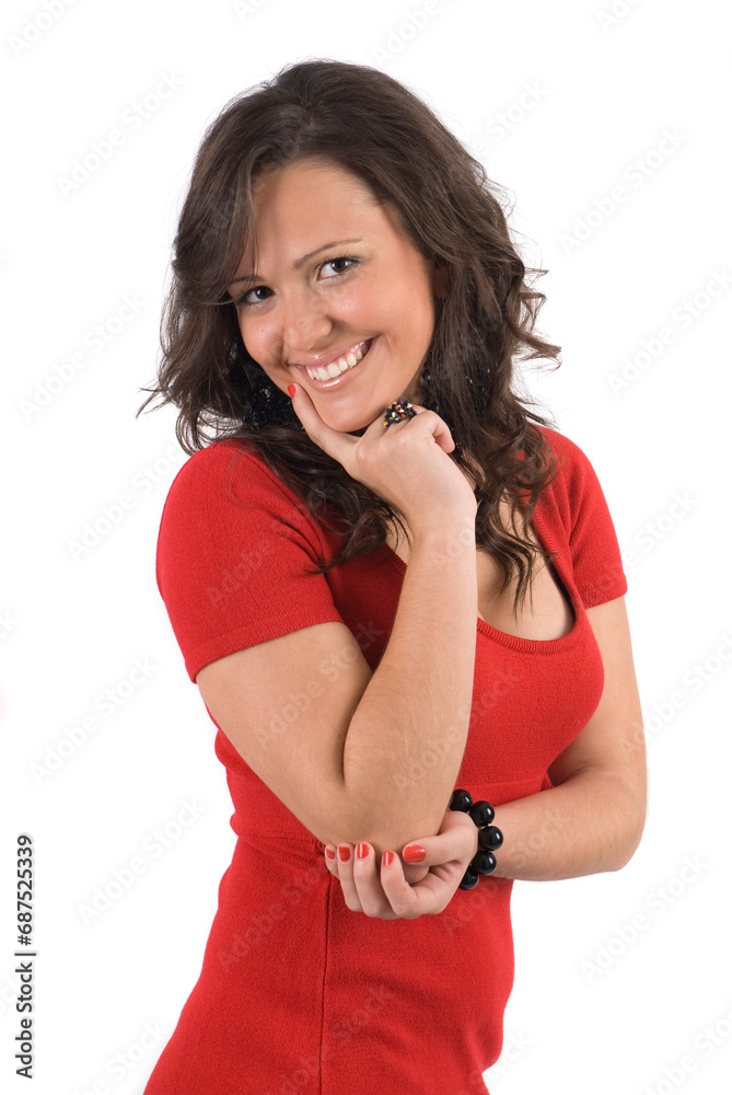 Young businesswoman in red dress writing on clipboard, isolated on white